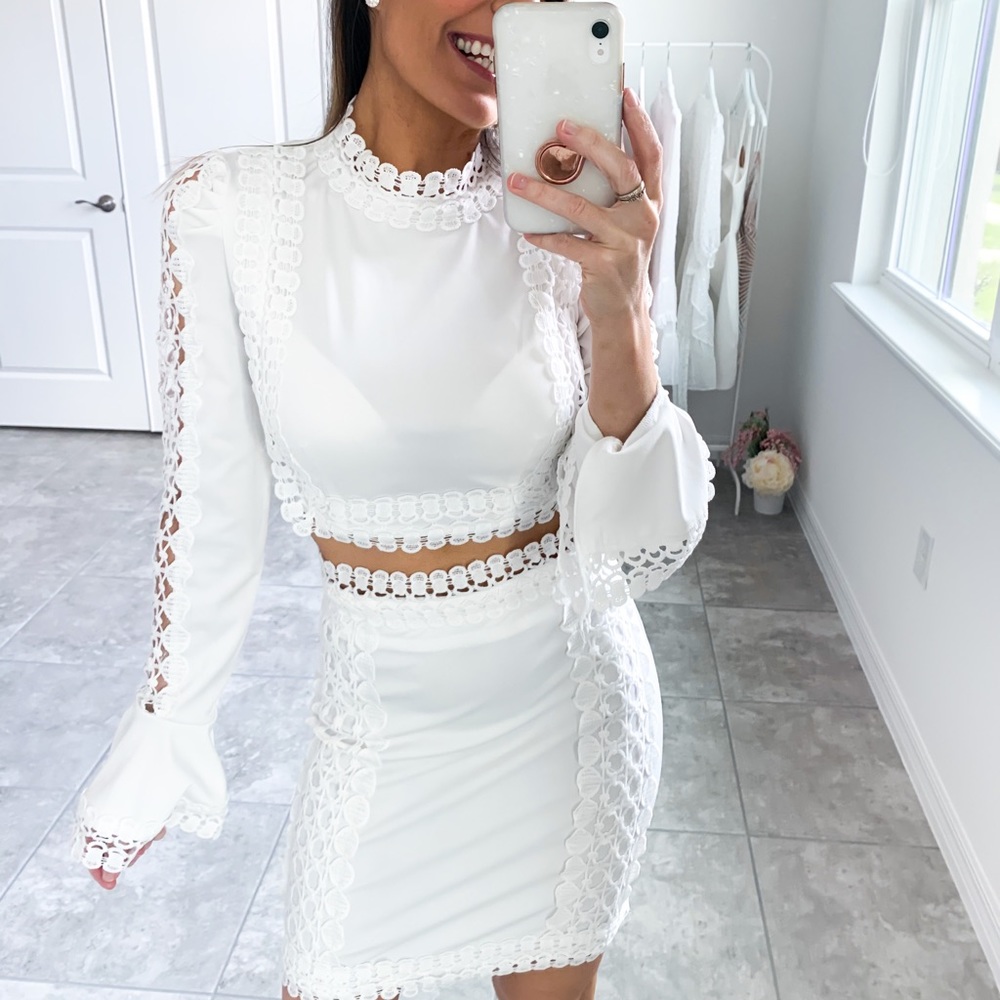White Guipure Lace Two Piece Top Skirt Coord Set - Picture 12 of 15
